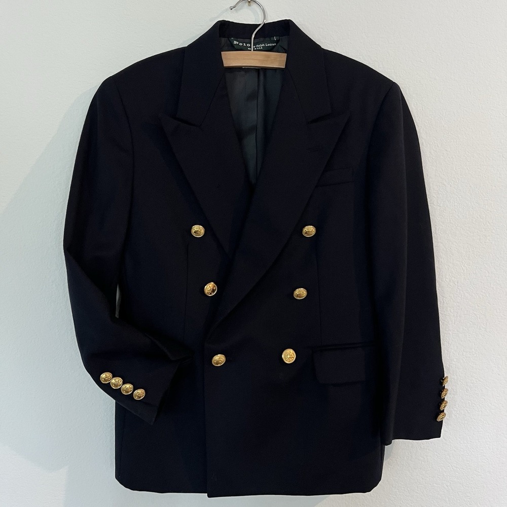 Vintage Polo Ralph Lauren Boys 10 USA Navy Double Breasted Blazer Gold Buttons